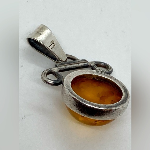 Vtg Sterling & Amber Cabochon Modernist Abstract Pendant 925 Silver | 1.4” x .9” - Picture 4 of 12